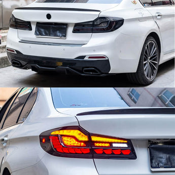 comparison between lights on and off of aftermarket tail lights for bmw
